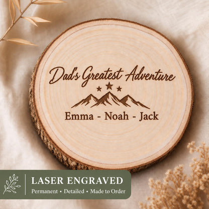 Fathers Day Keepsake personalized engraved wood slice. Engraving detail.