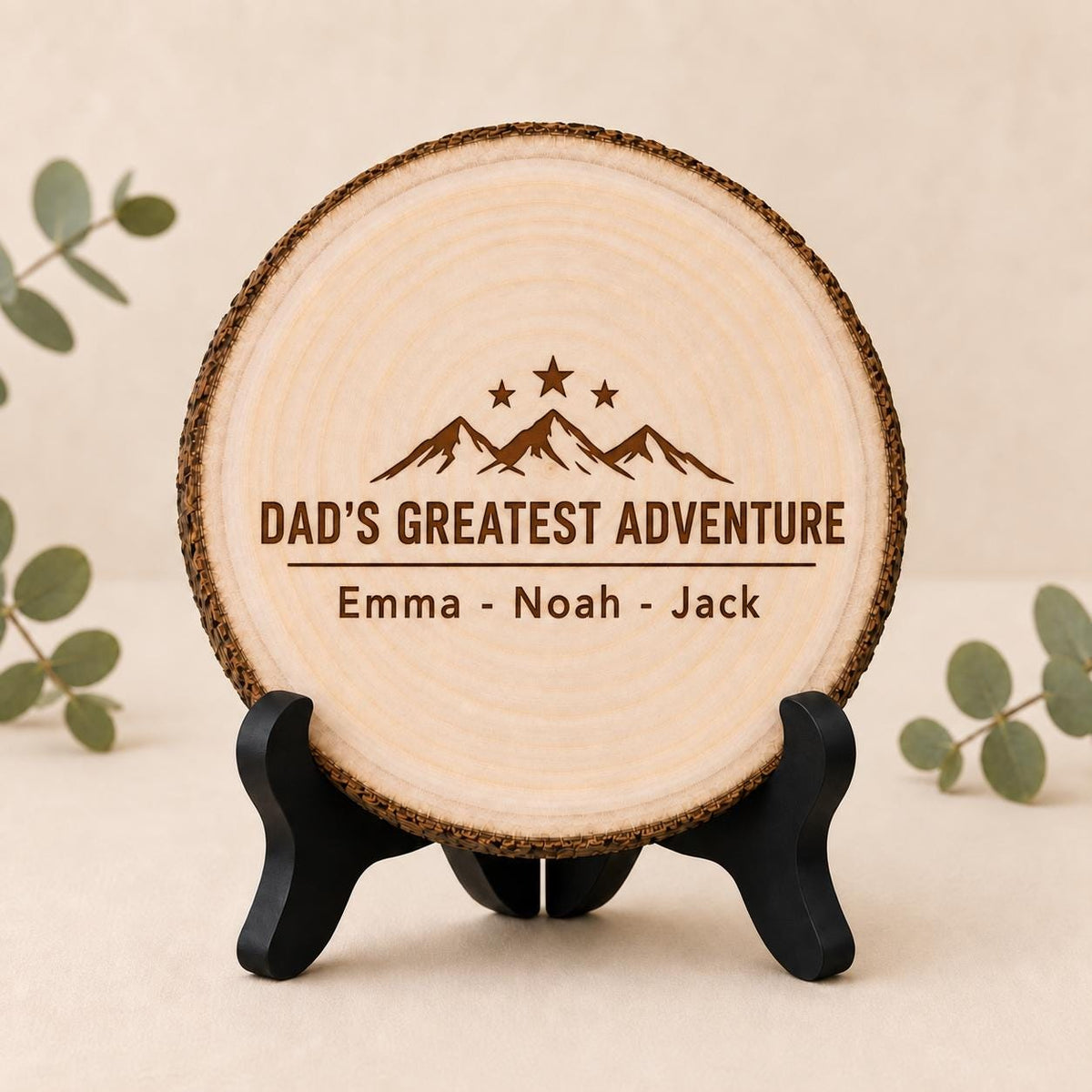 Fathers Day Keepsake personalized engraved wood slice. Optional stand display.