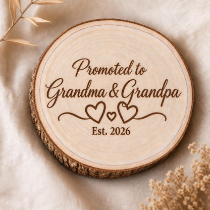 New Grandparents personalized engraved wood slice. Engraving detail.
