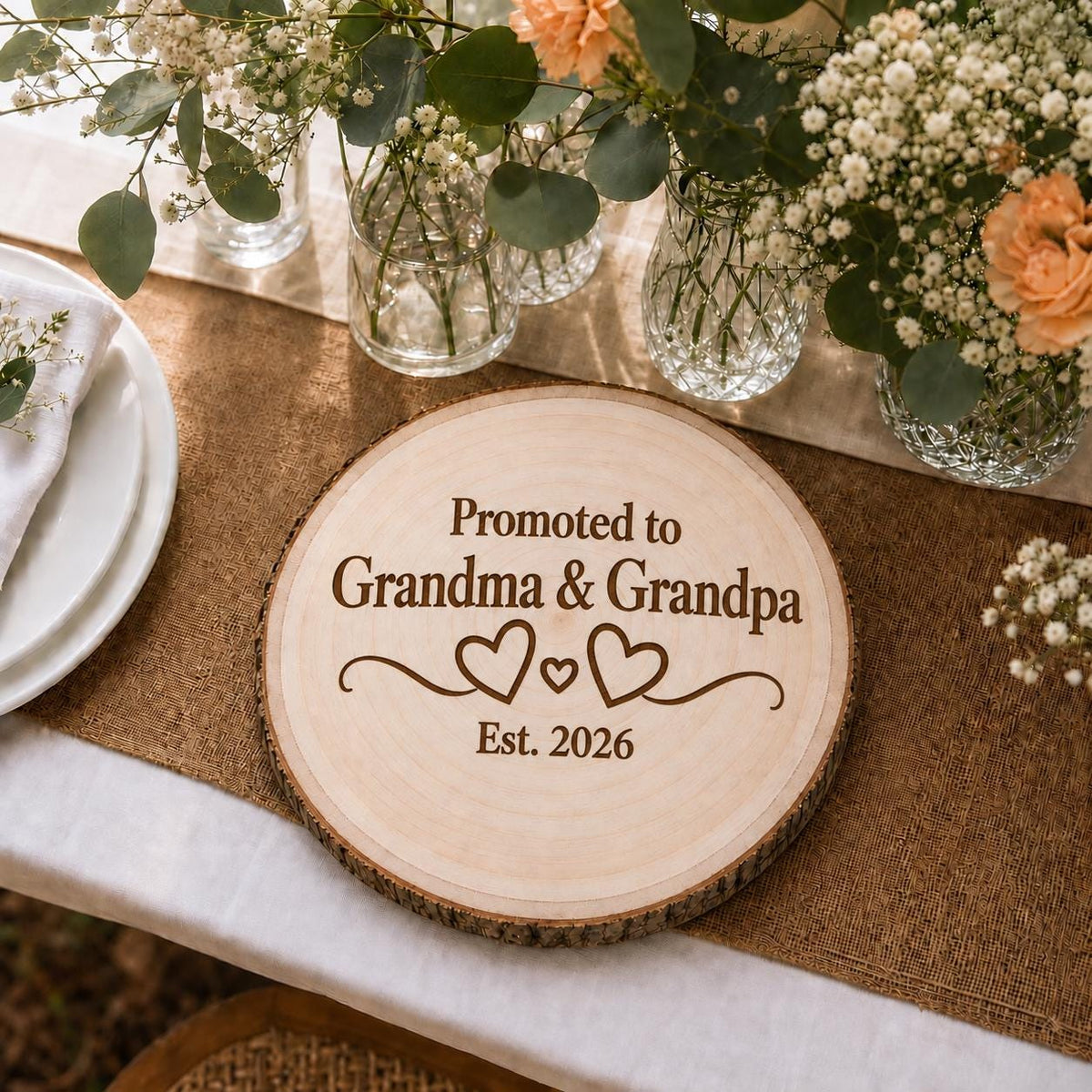 New Grandparents personalized engraved wood slice. Table display example.