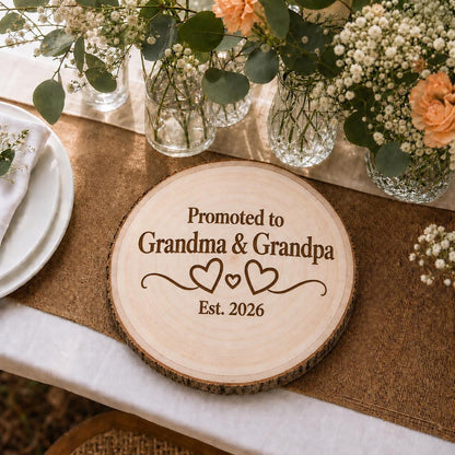 New Grandparents personalized engraved wood slice. Table display example.