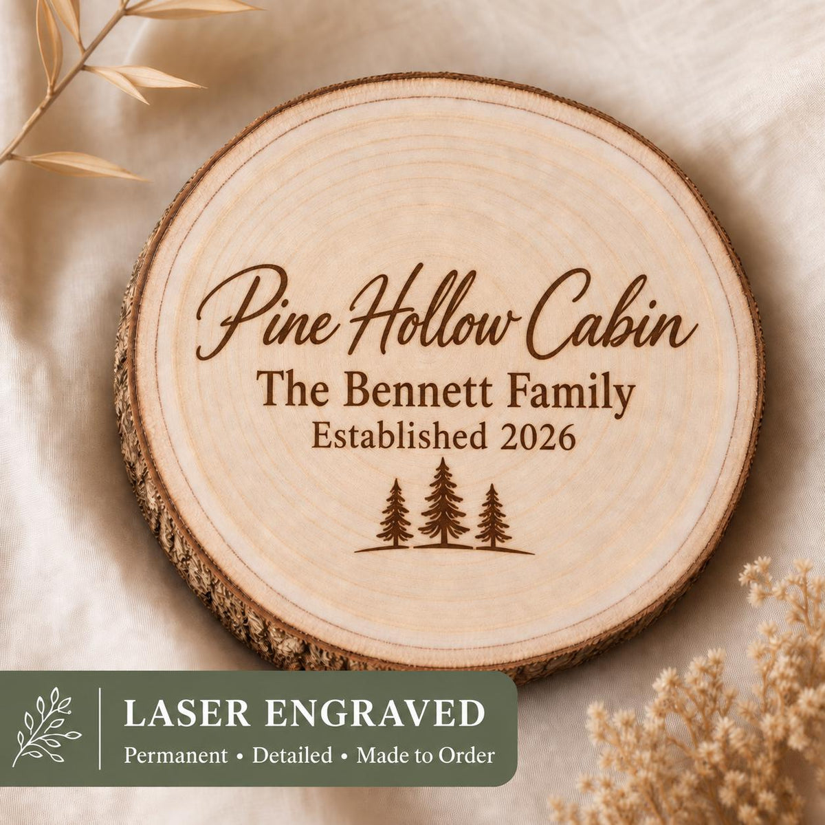 Cabin Owner personalized engraved wood slice. Engraving detail.