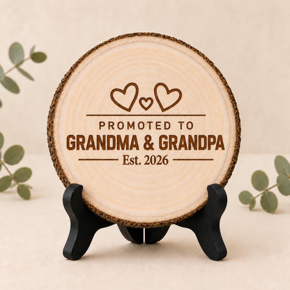 New Grandparents personalized engraved wood slice. Optional stand display.