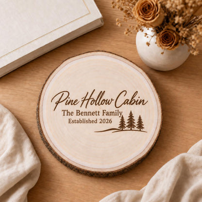 Cabin Owner personalized engraved wood slice. Styled keepsake example.