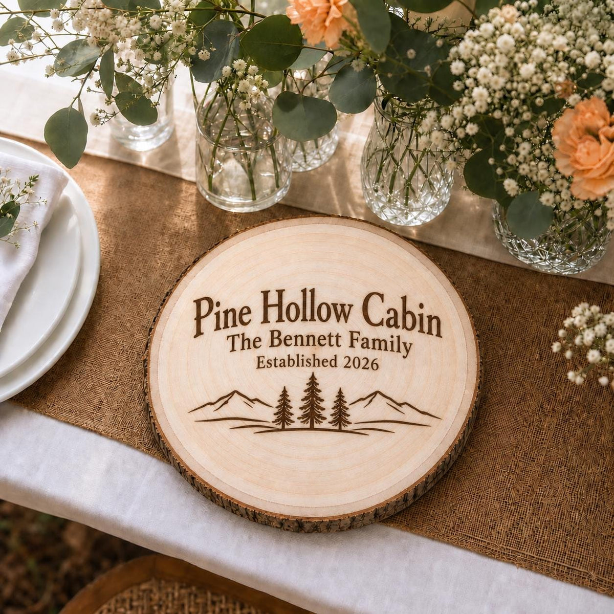 Cabin Owner personalized engraved wood slice. Table display example.