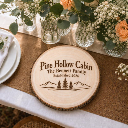 Cabin Owner personalized engraved wood slice. Table display example.