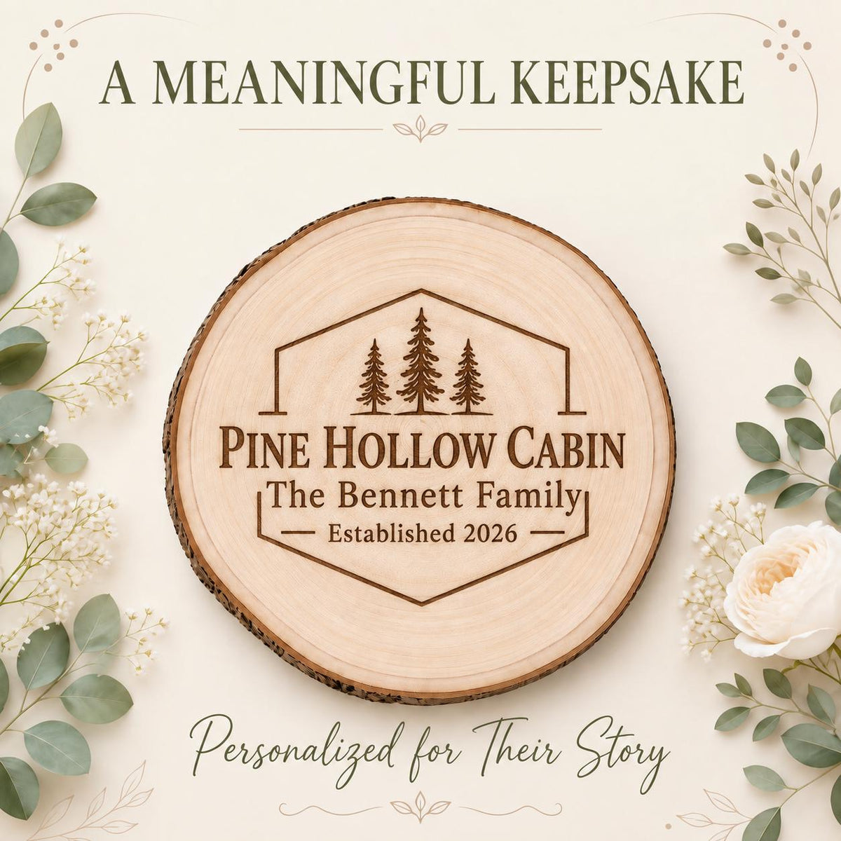 Cabin Owner personalized engraved wood slice. Personalized keepsake example.