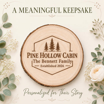 Cabin Owner personalized engraved wood slice. Personalized keepsake example.