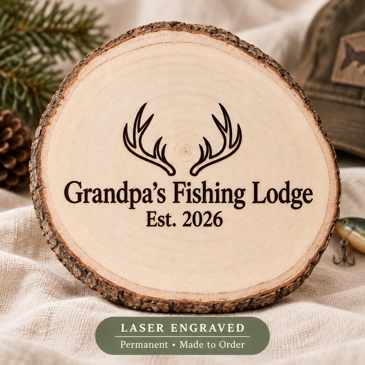 Hunting and Fishing personalized wood sign: engraving detail
