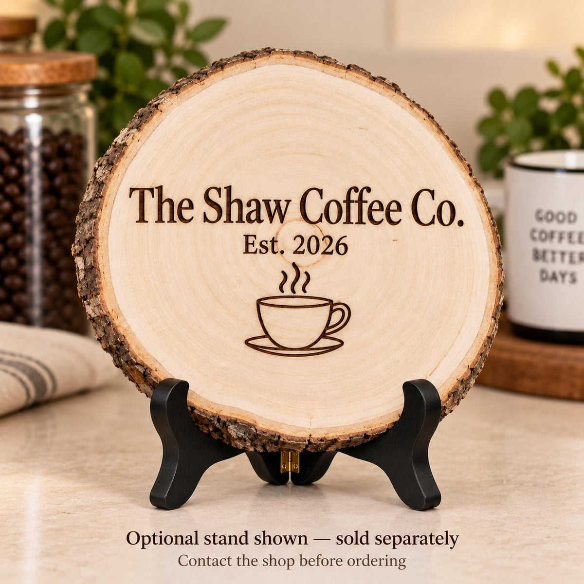 Home Bar and Coffee Station Style 1 sign on the optional black folding stand, sold separately