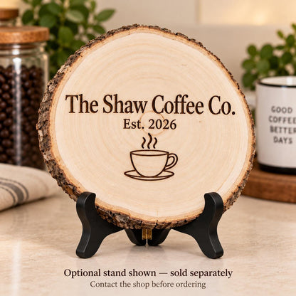 Home Bar and Coffee Station Style 1 sign on the optional black folding stand, sold separately