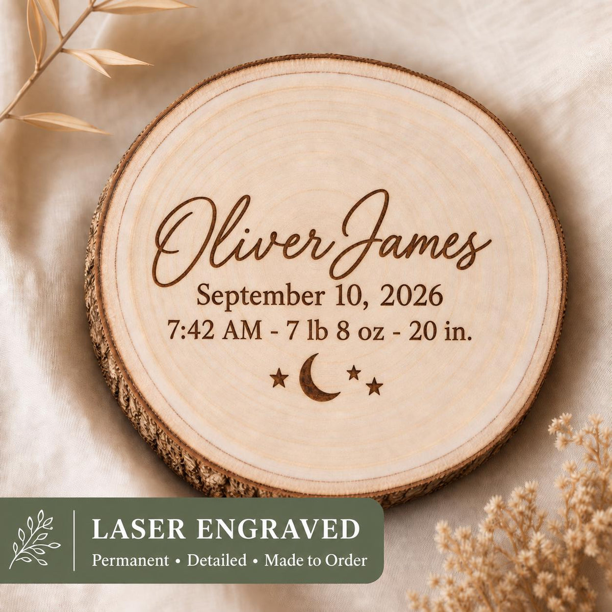 Baby Birth Stats personalized engraved wood slice. Engraving detail.