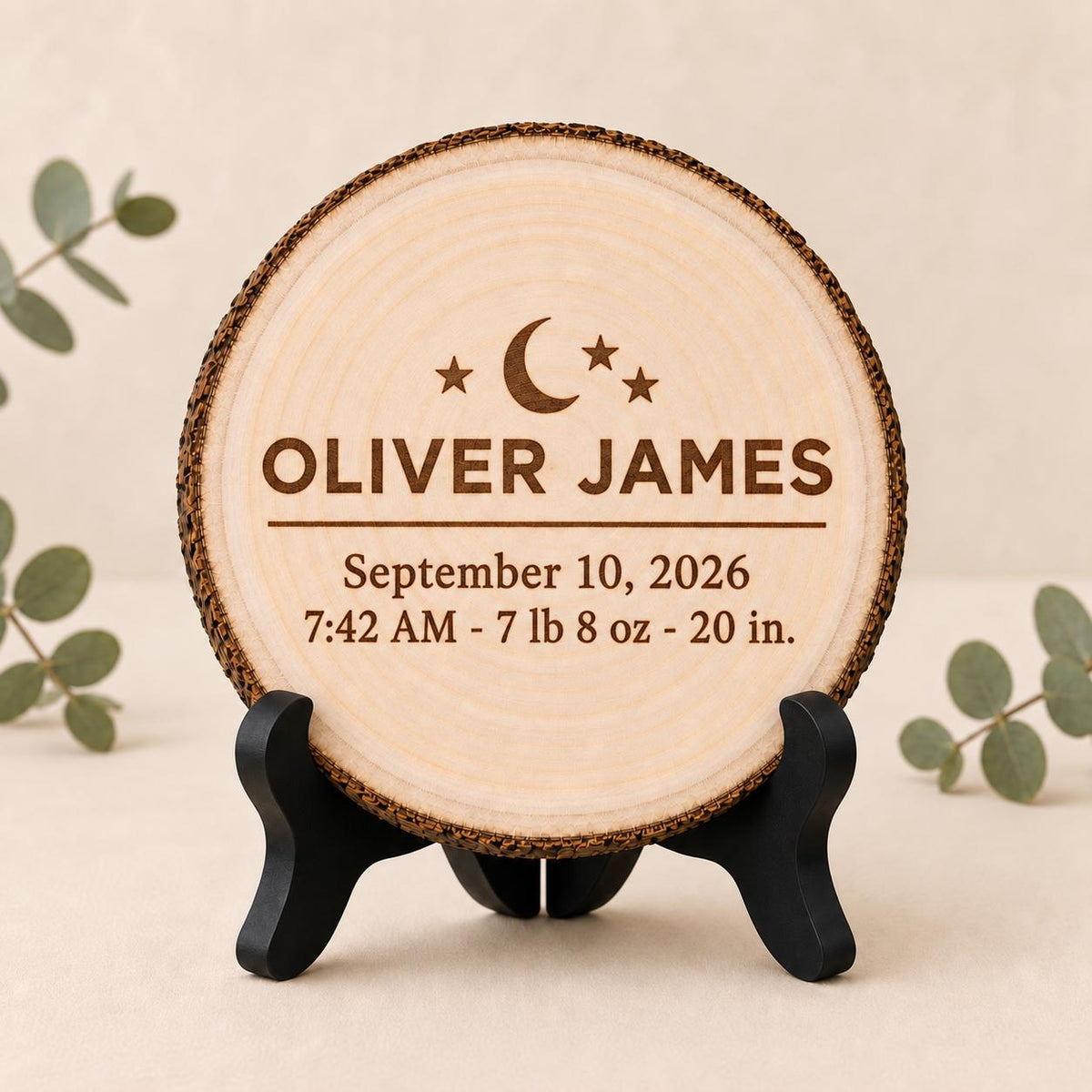 Baby Birth Stats personalized engraved wood slice. Optional stand display.
