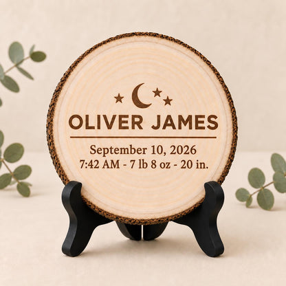 Baby Birth Stats personalized engraved wood slice. Optional stand display.