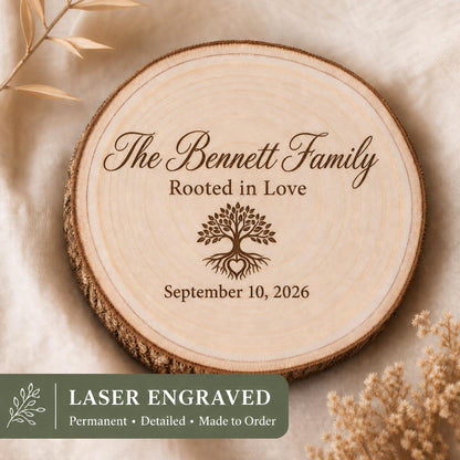 Adoption Celebration personalized engraved wood slice. Engraving detail.