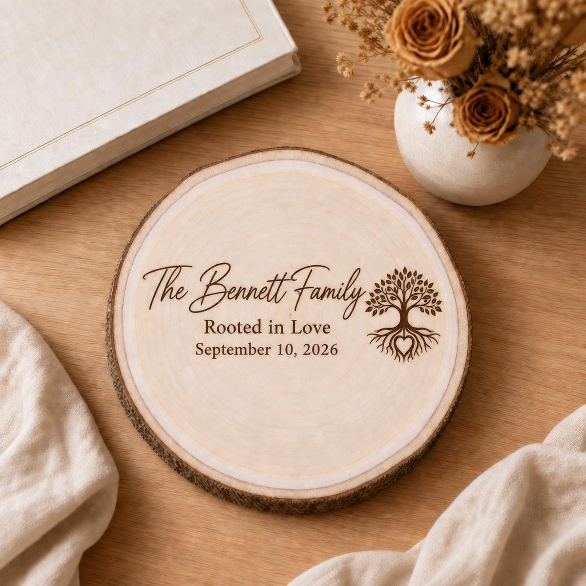 Adoption Celebration personalized engraved wood slice. Styled keepsake example.