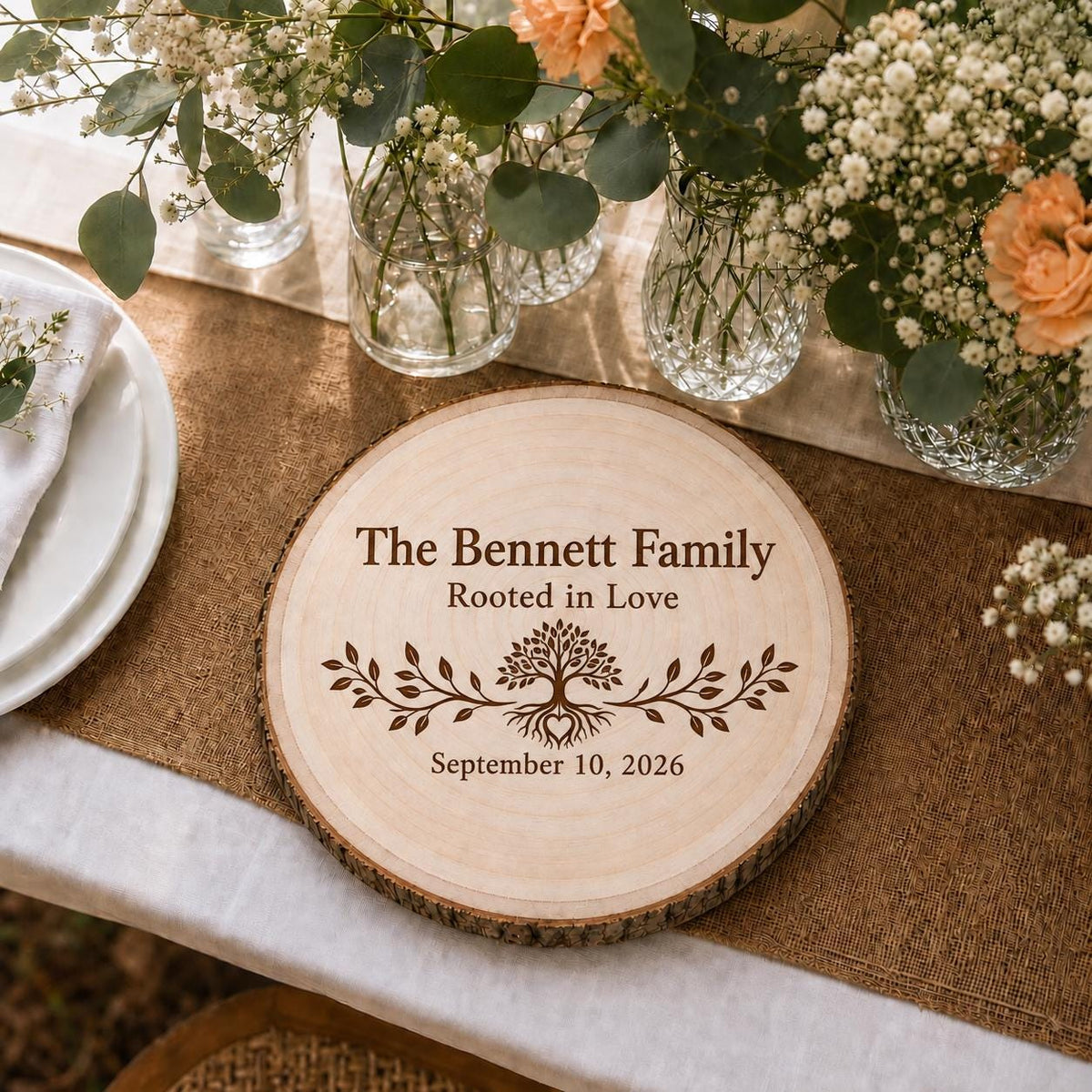 Adoption Celebration personalized engraved wood slice. Table display example.