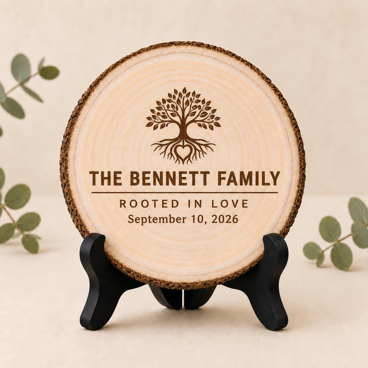 Adoption Celebration personalized engraved wood slice. Optional stand display.