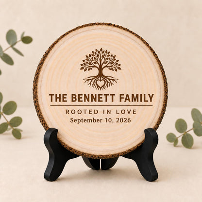 Adoption Celebration personalized engraved wood slice. Optional stand display.