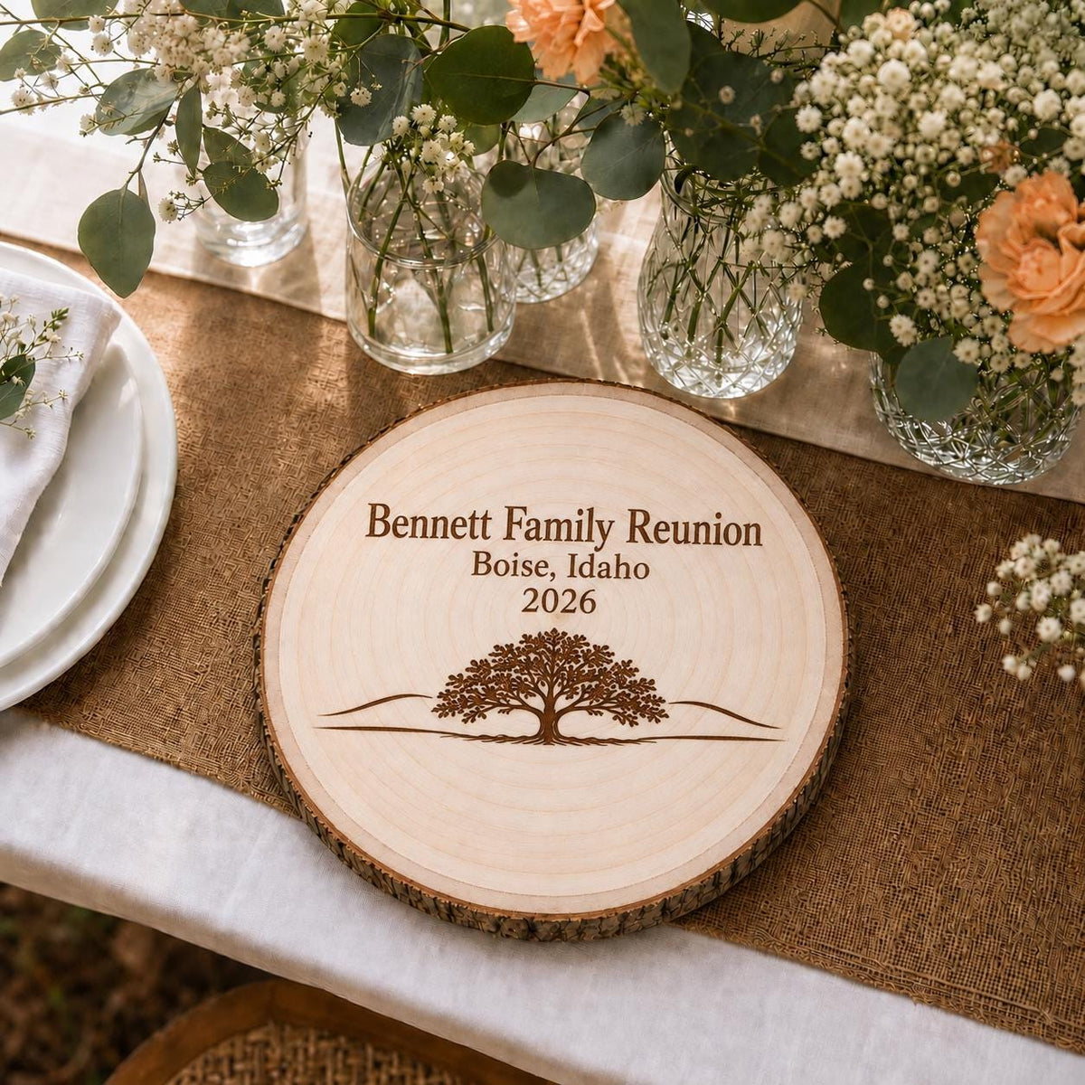 Family Reunion personalized engraved wood slice. Table display example.