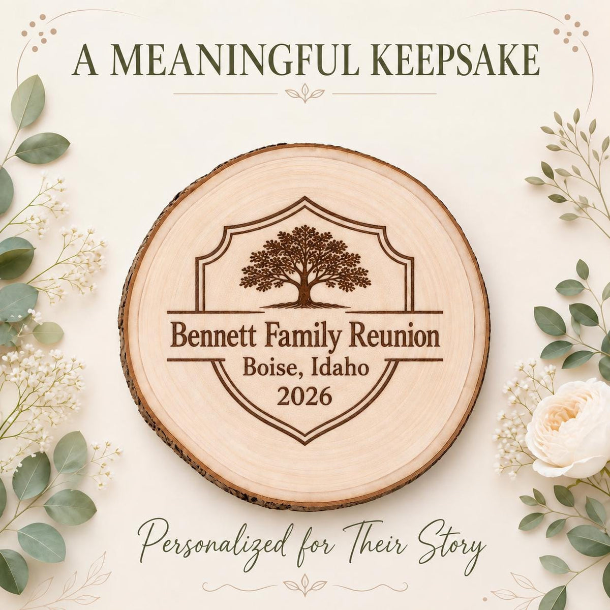 Family Reunion personalized engraved wood slice. Personalized keepsake example.