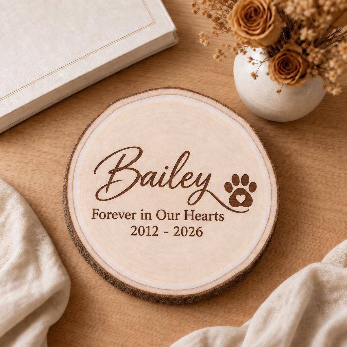 Pet Memorial personalized engraved wood slice. Styled keepsake example.