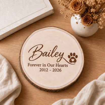 Pet Memorial personalized engraved wood slice. Styled keepsake example.