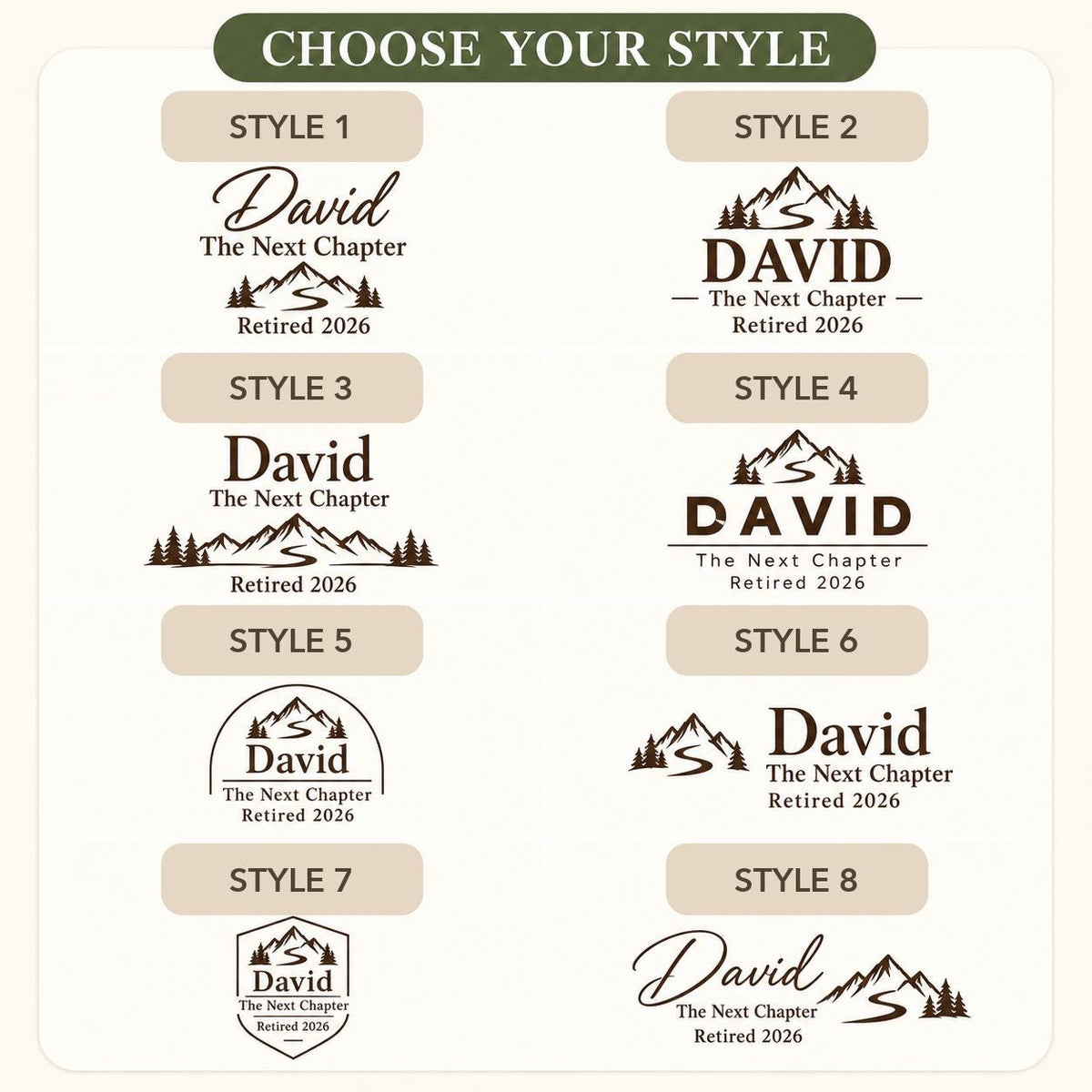 Retirement Adventure personalized engraved wood slice. Eight available design styles.