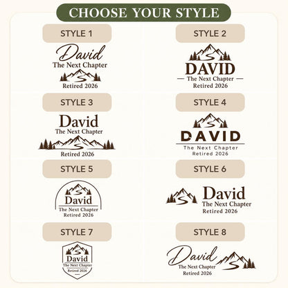 Retirement Adventure personalized engraved wood slice. Eight available design styles.