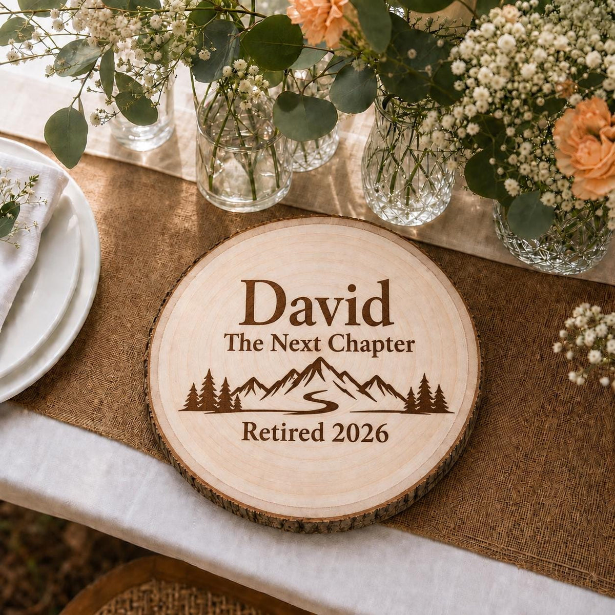 Retirement Adventure personalized engraved wood slice. Table display example.