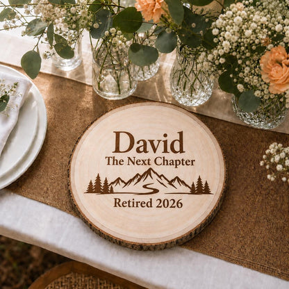 Retirement Adventure personalized engraved wood slice. Table display example.