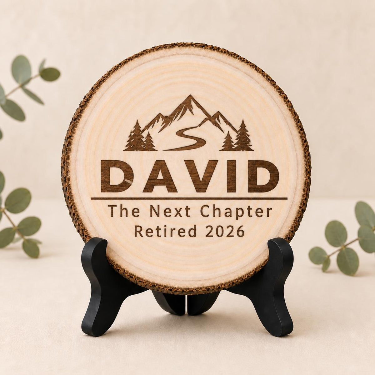 Retirement Adventure personalized engraved wood slice. Optional stand display.