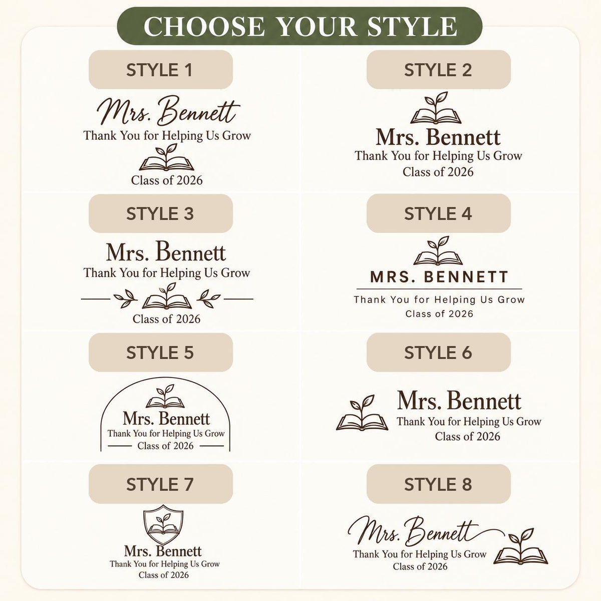 Teacher Appreciation personalized engraved wood slice. Eight available design styles.