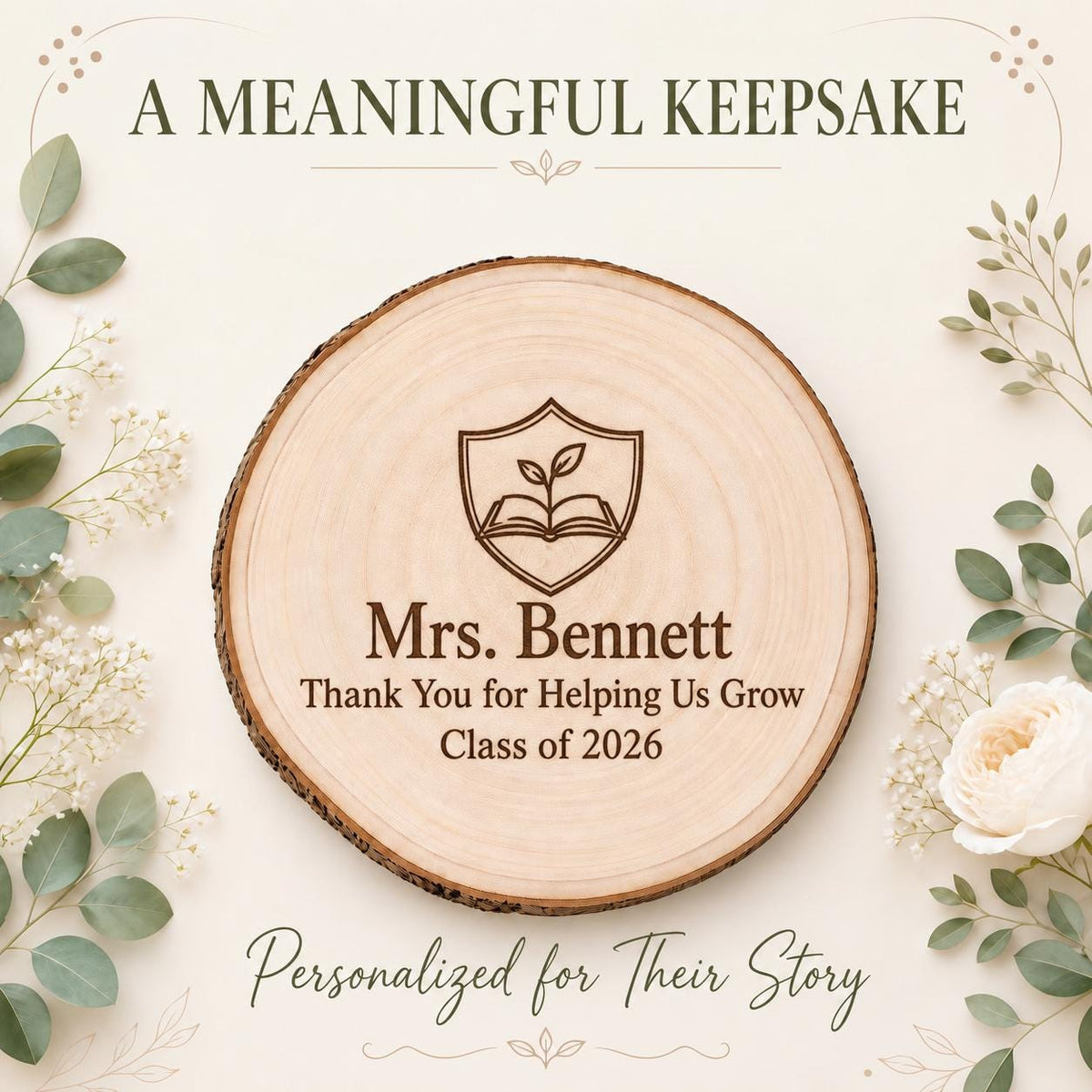 Teacher Appreciation personalized engraved wood slice. Personalized keepsake example.