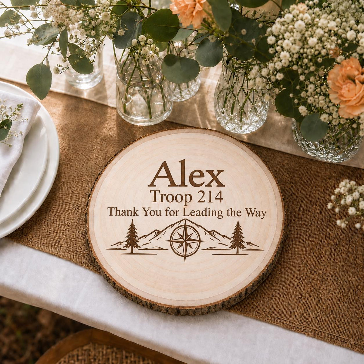 Scout Leader personalized engraved wood slice. Table display example.