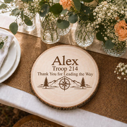 Scout Leader personalized engraved wood slice. Table display example.