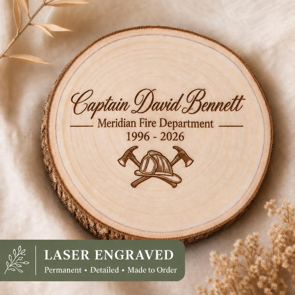 Firefighter Retirement personalized engraved wood slice. Engraving detail.