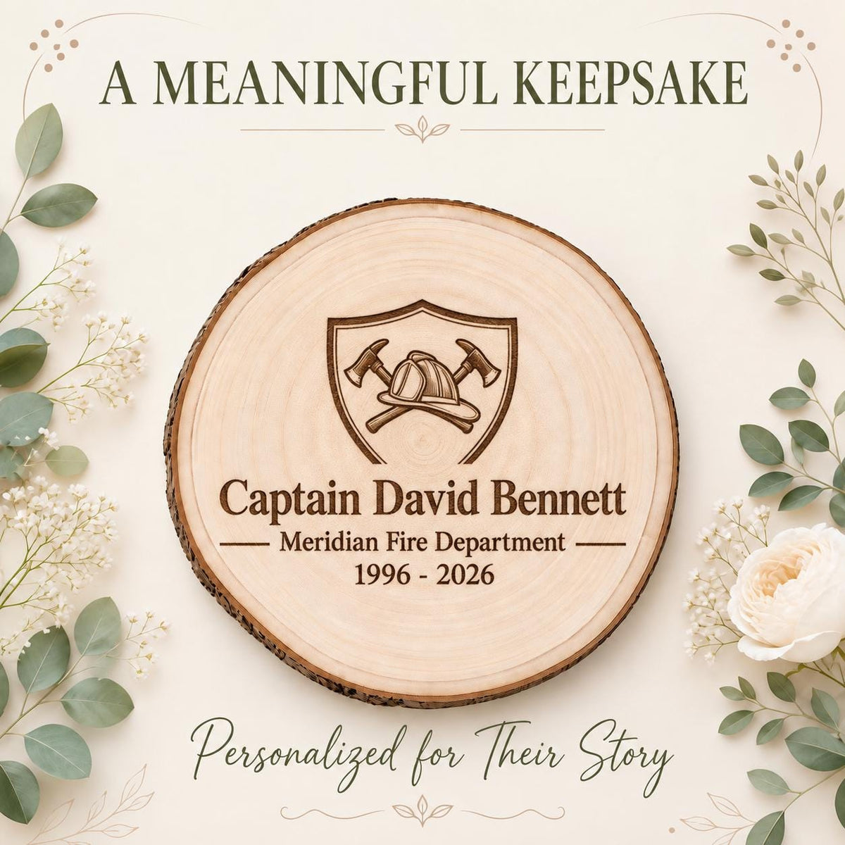 Firefighter Retirement personalized engraved wood slice. Personalized keepsake example.