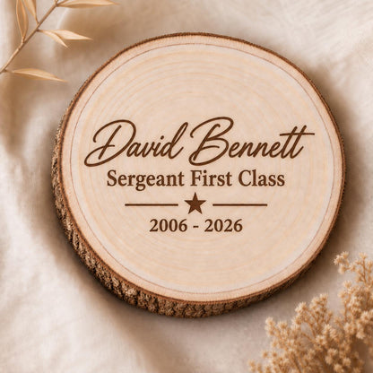 Military Retirement personalized engraved wood slice. Engraving detail.