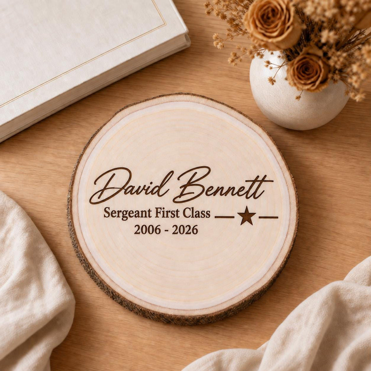 Military Retirement personalized engraved wood slice. Styled keepsake example.