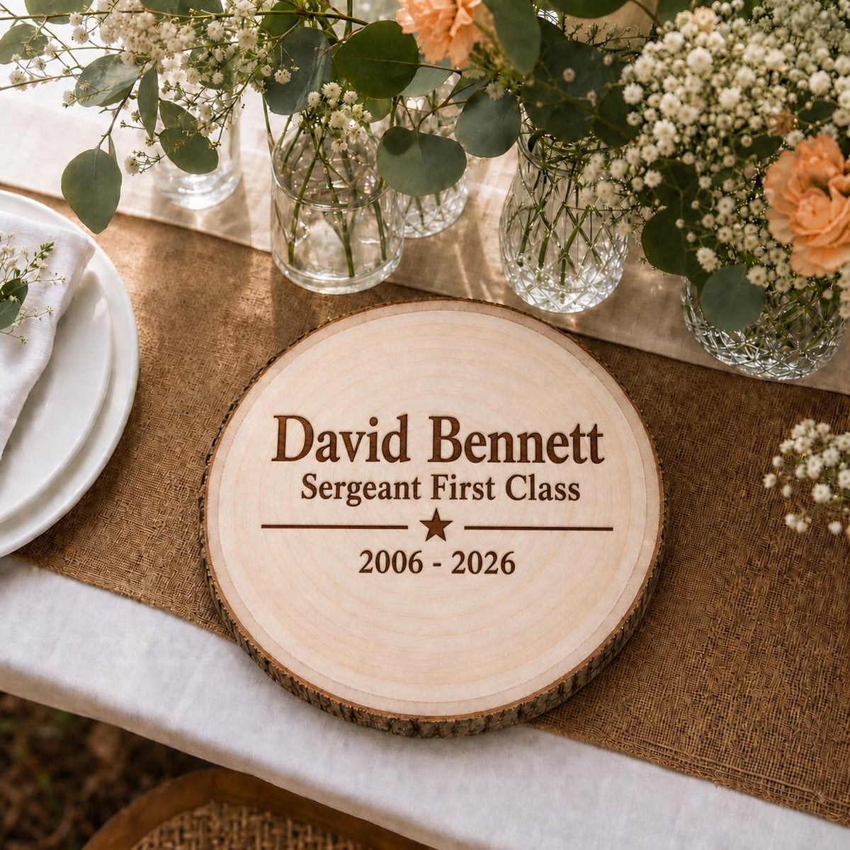 Military Retirement personalized engraved wood slice. Table display example.