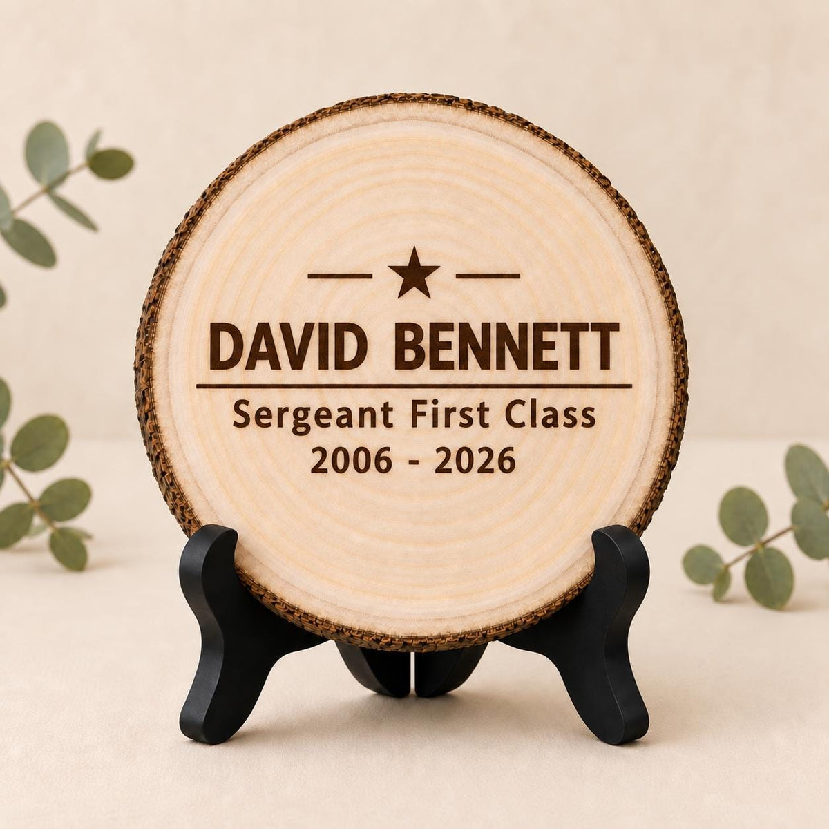 Military Retirement personalized engraved wood slice. Optional stand display.