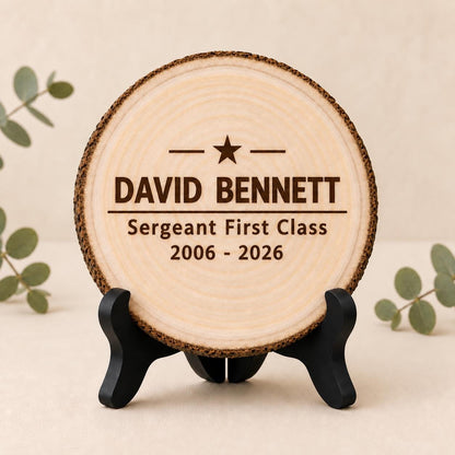 Military Retirement personalized engraved wood slice. Optional stand display.