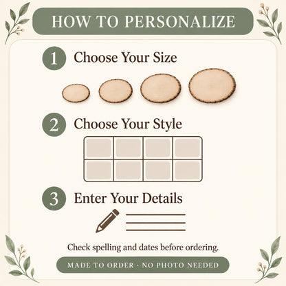 Business Anniversary personalized engraved wood slice. How to personalize.