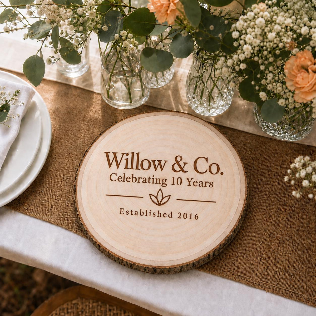 Business Anniversary personalized engraved wood slice. Table display example.