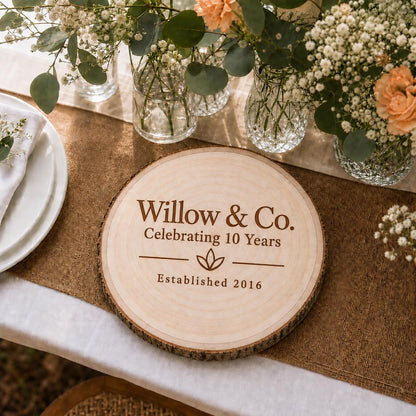Business Anniversary personalized engraved wood slice. Table display example.
