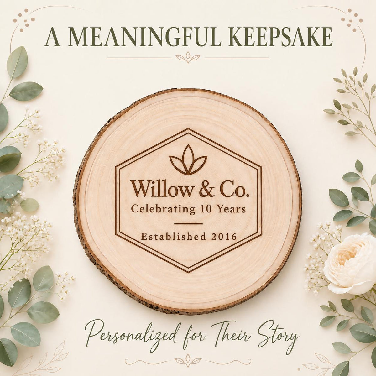 Business Anniversary personalized engraved wood slice. Personalized keepsake example.