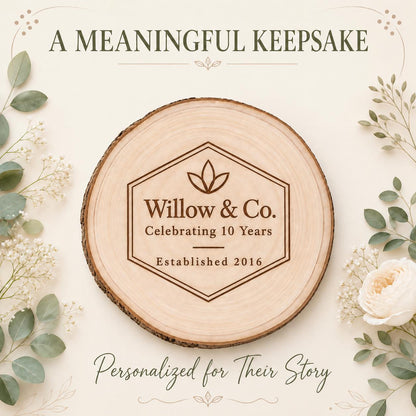 Business Anniversary personalized engraved wood slice. Personalized keepsake example.