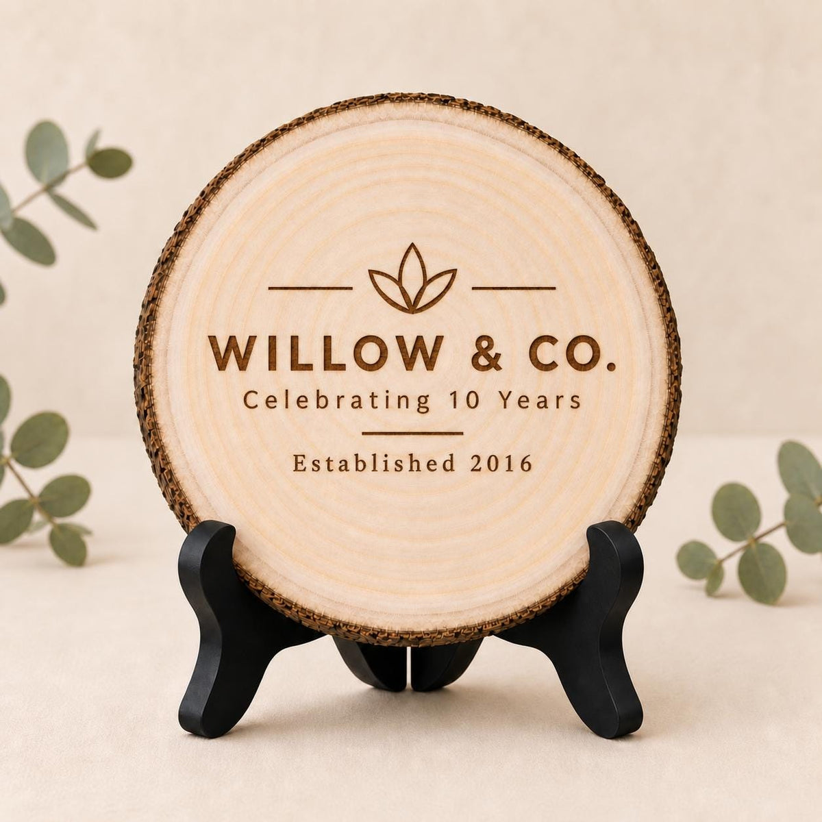Business Anniversary personalized engraved wood slice. Optional stand display.