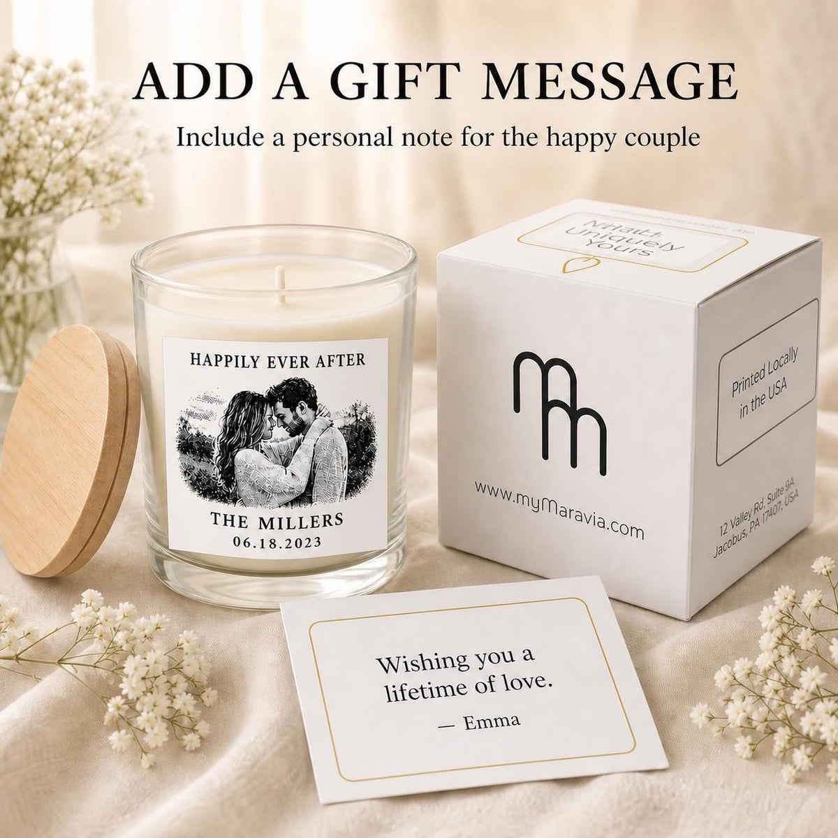 wedding couple candle with personalized gift-message card and gift box